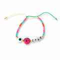 Colorful beaded bracelet with a 'CARE' charm on a white background
