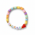 Colorful beaded bracelet with letter beads spelling 'I LOVE Gummy Bears' on a white background
