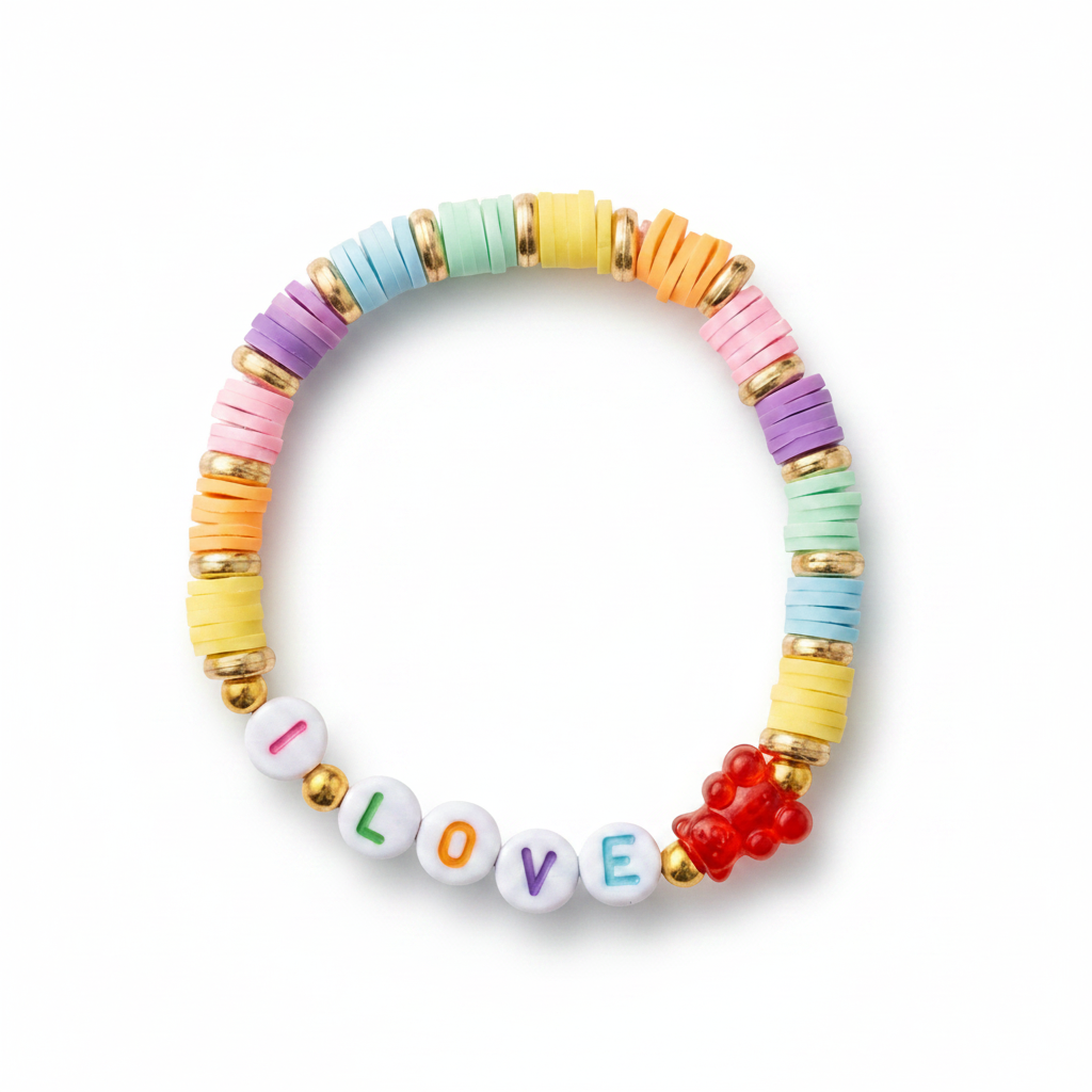 Colorful beaded bracelet with letter beads spelling 'I LOVE Gummy Bears' on a white background